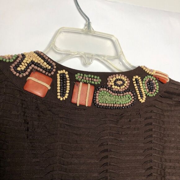 Chico’s Wms Large Brown Pin Tuck Tribal Jacket Shacket Beaded Neckline Career - Picture 6 of 12